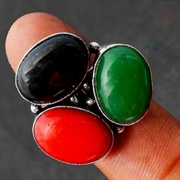 Handmade Jewelry - Black, Green Onyx & Coral in Silver Ring